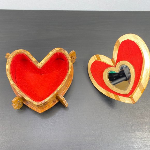 Vintage Jewelry Box, Heart Shaped, Red Velvet Lining, Storage Container, Brown K - Picture 3 of 10
